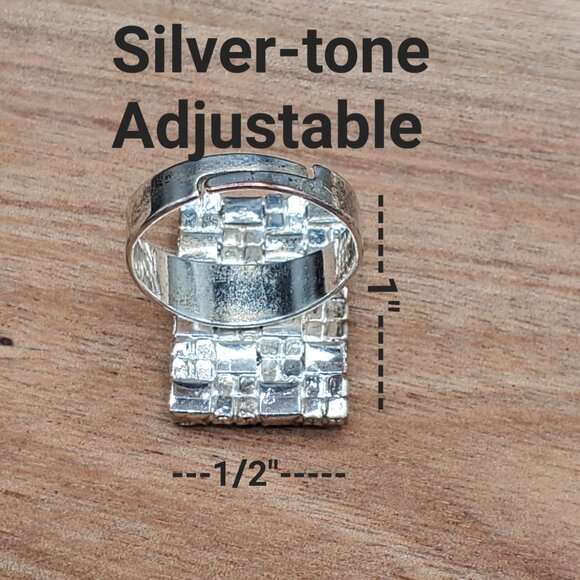 Adjustable Silver-tone Rectangular Rhinestone Cocktail Ring - Picture 3 of 6